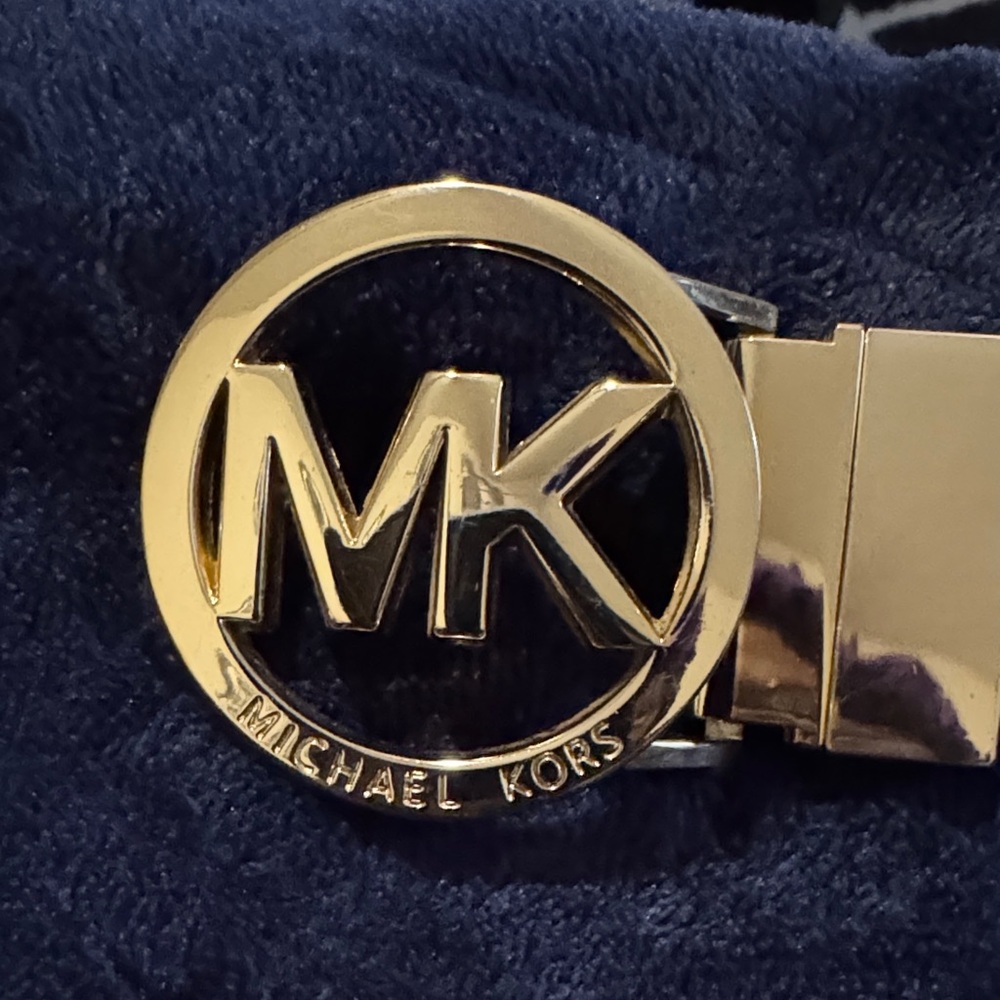Michael Kors Gold and Black MK Round Logo Belt Buckle